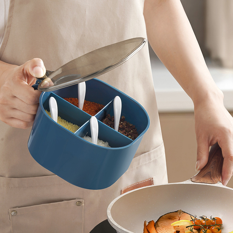 プレス式調味料箱簡易四格調味料箱透明蓋スプーン付き塩味調味料台所用品|undefined
