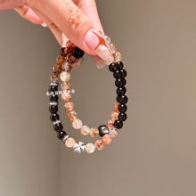 新中式黑曜石黑金超水晶手链双圈银曜石克罗心配件黑晶超七串珠