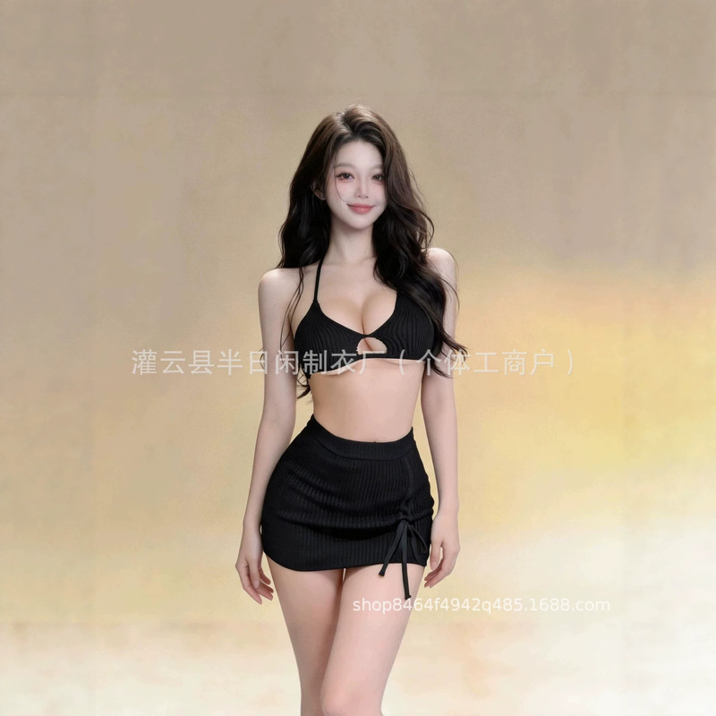 Pure Desire Style Halter Neck Knitted Set for Women: Hot Girl Backless Camisole Top + High Waist Tie-Up Bodycon Skirt Two-Piece Set