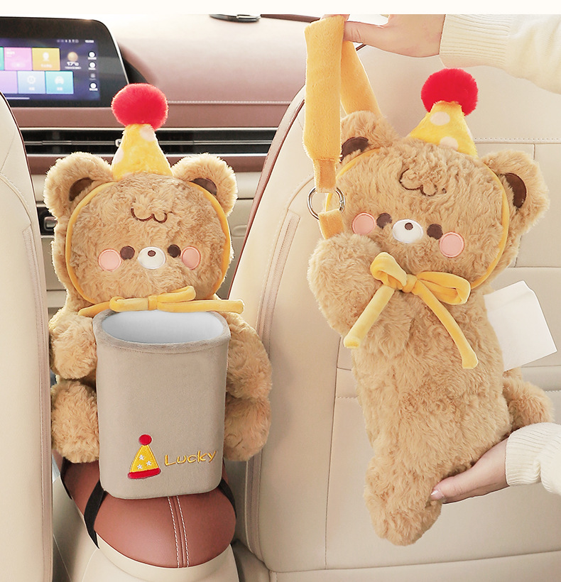 Car Tissue Box Plush Bear Car Tissue Hanging Bag Creative Car Tissue Box Cartoon Car Interior Supplies