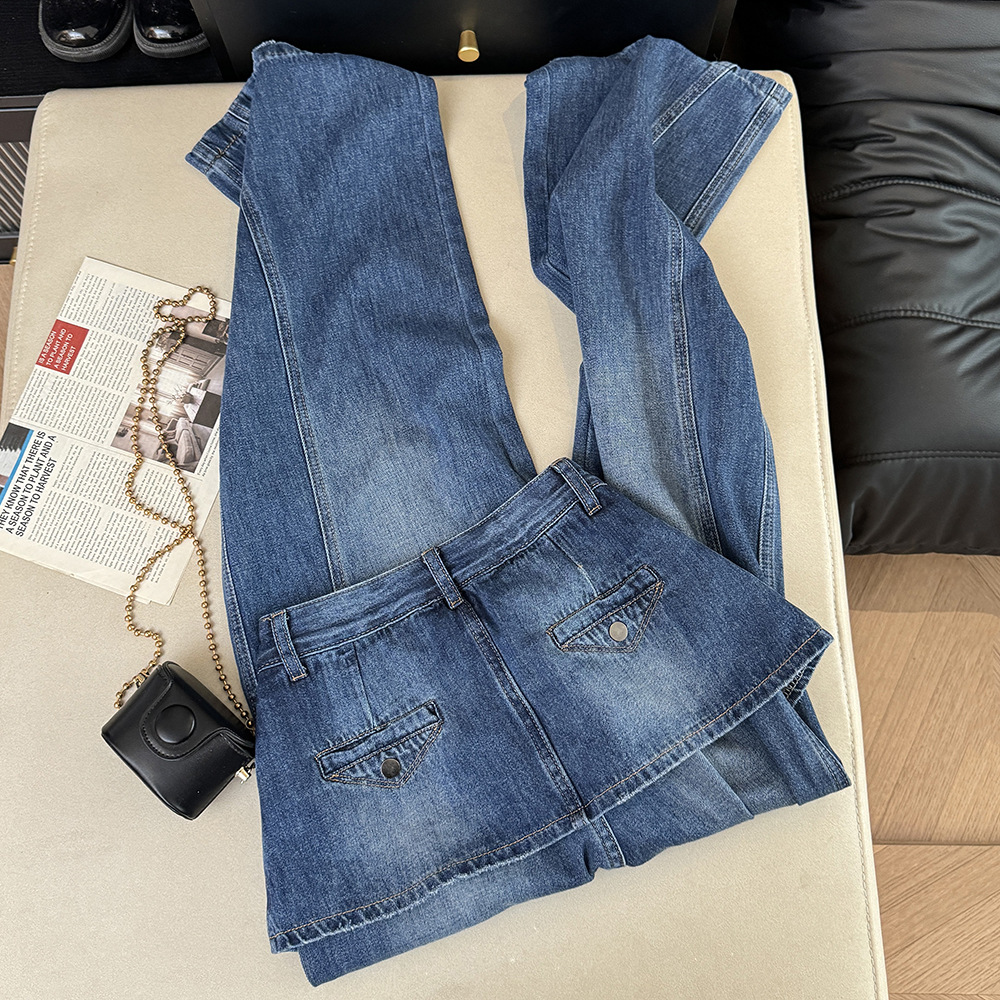 High-Waisted Faux Two-Piece Slimming Wide Leg Denim Culottes Casual Straight Leg Loose Fitting Summer Trendy Women's Jeans_ecoleips.com