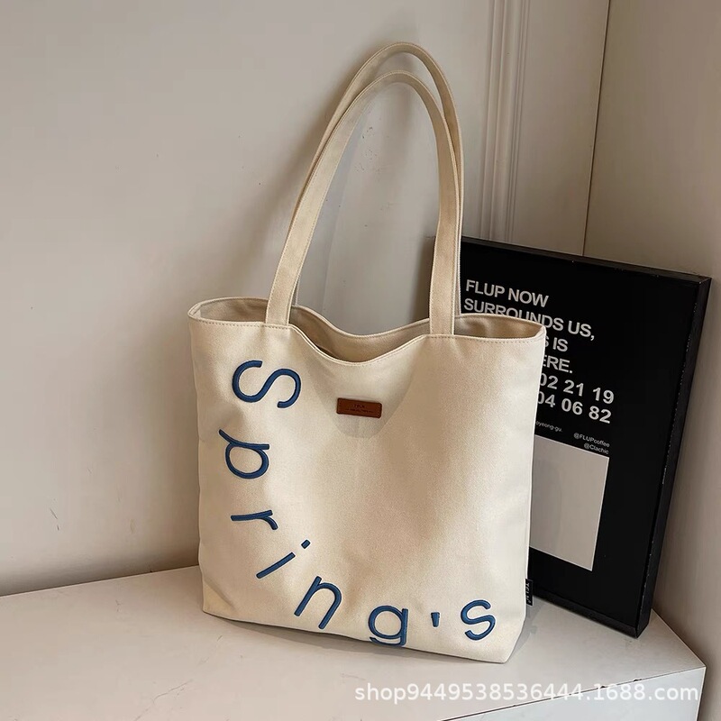 刺繍入り斜め掛けレターキャンバスバッグ レディース カジュアル 大容量 ショルダー トートバッグ 多用途 学生 通学 ハンドバッグ|undefined