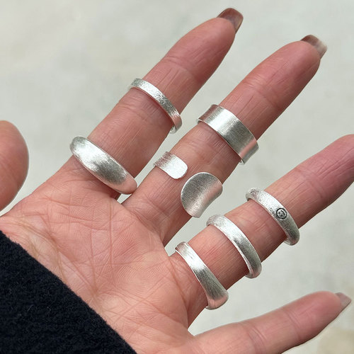 S925 Pure Silver Brushed Ring Set Layered Mixed Batch Option Shiny Silver Sandblasting Process Index Finger Ring Wholesale