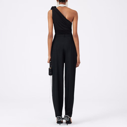 2024 new summer style three-dimensional flower decorative temperament sexy versatile slimming slanted shoulder design tops and vests for women