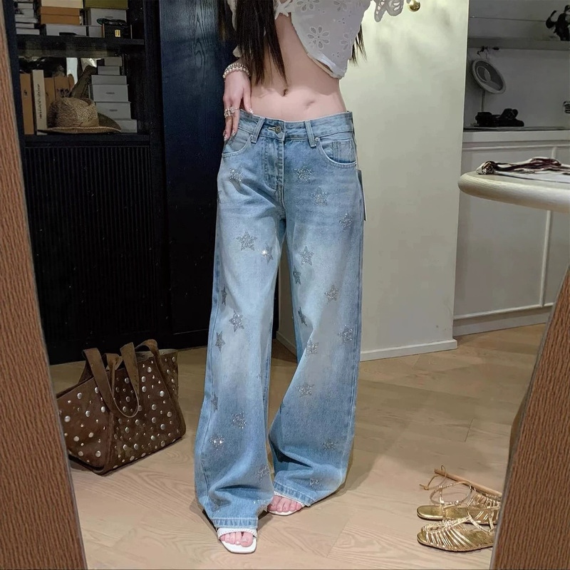 American retro light-colored star-studded wide-leg jeans for women, street style, low-waisted, slimming, loose straight-leg pants