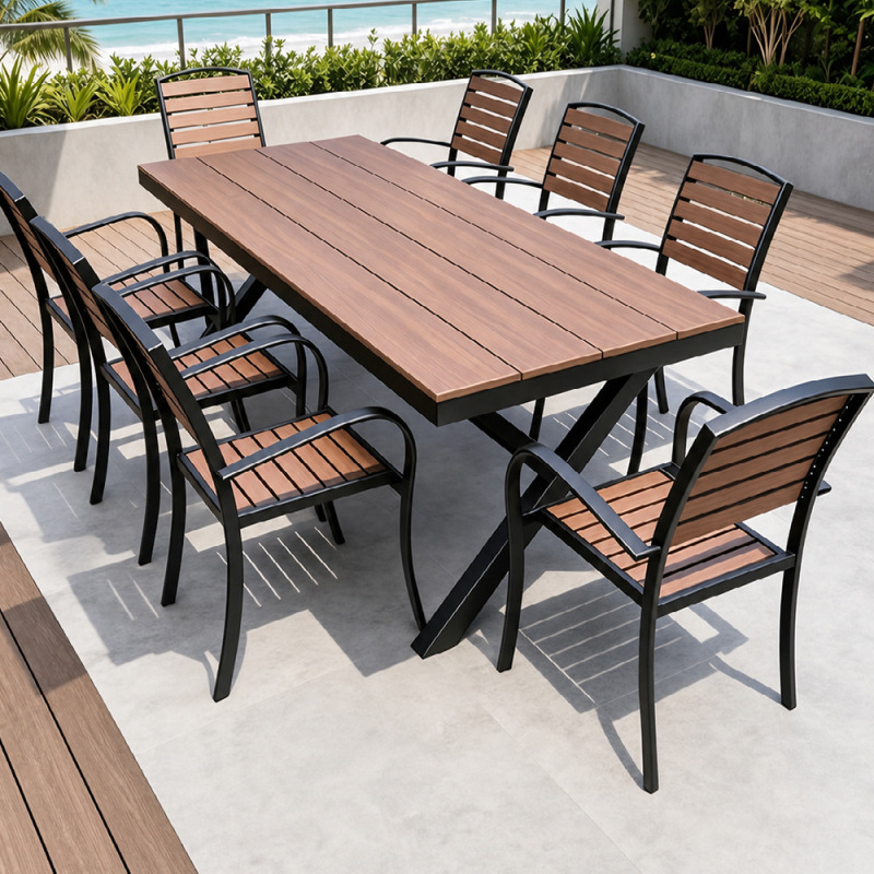 Outdoor tables and chairs, villa garden patio furniture, leisure café seating, outdoor terrace and balcony furniture, anti-corrosion wood-plastic composite tables and chairs Outdoor tables and chairs, villa garden patio furniture, leisure café seating, outdoor terrace and balcony furniture, anti-corrosion wood-plastic composite tables and chairs