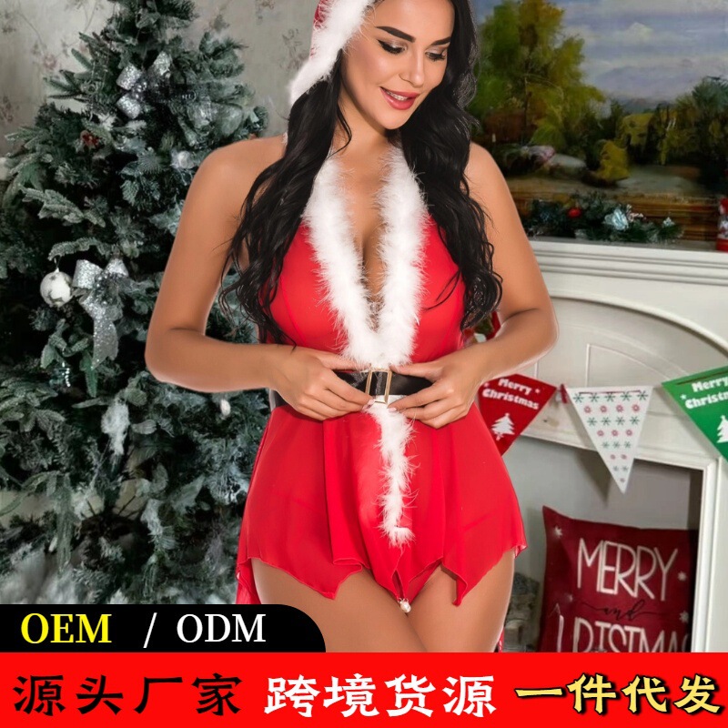 Christmas-Themed Furry Backless Hooded Lingerie European and American Cross-Border Sexy See-Through Deep V Pajama Set for Women Christmas-Themed Furry Backless Hooded Lingerie European and American Cross-Border Sexy See-Through Deep V Pajama Set for Women