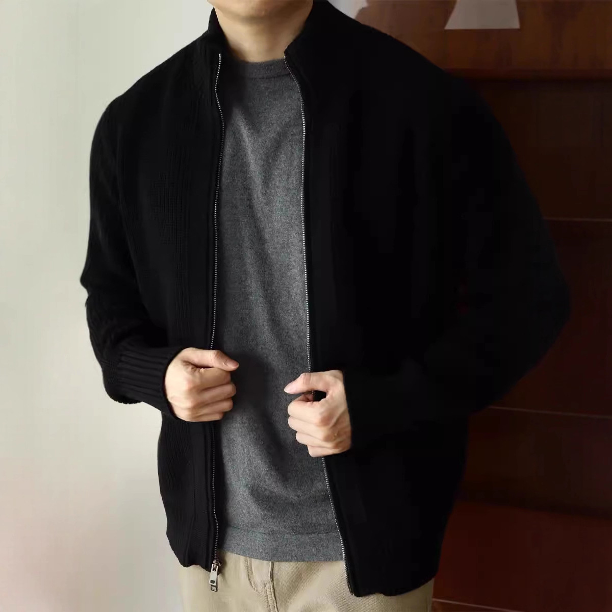 2024 anti-pilling heavy double zipper coat sweater solid color sweater thick autumn and winter half high collar men's new