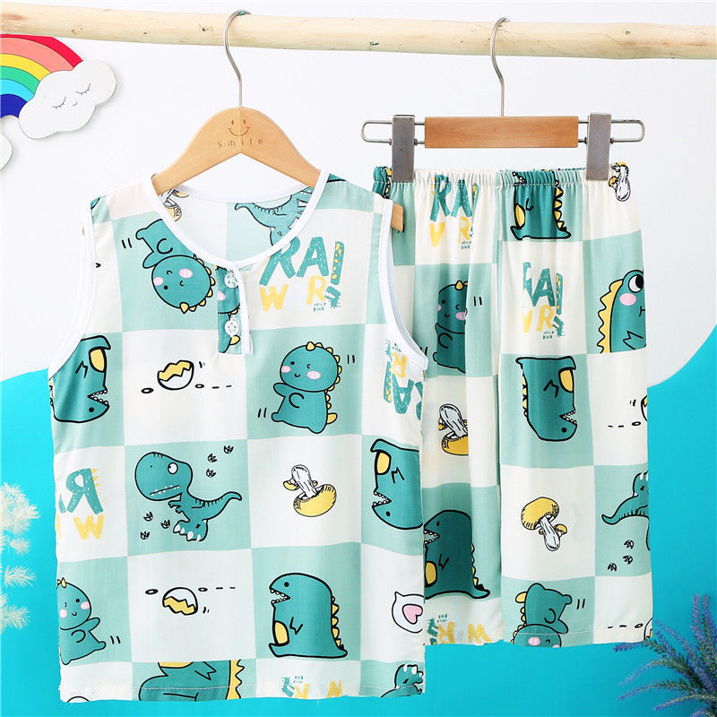 Children's Cotton Silk Vest Shorts Summer Boys Cotton Silk Air-Conditioned Clothes Sleeveless Large Size Girls Home Clothes Thin Kidsren