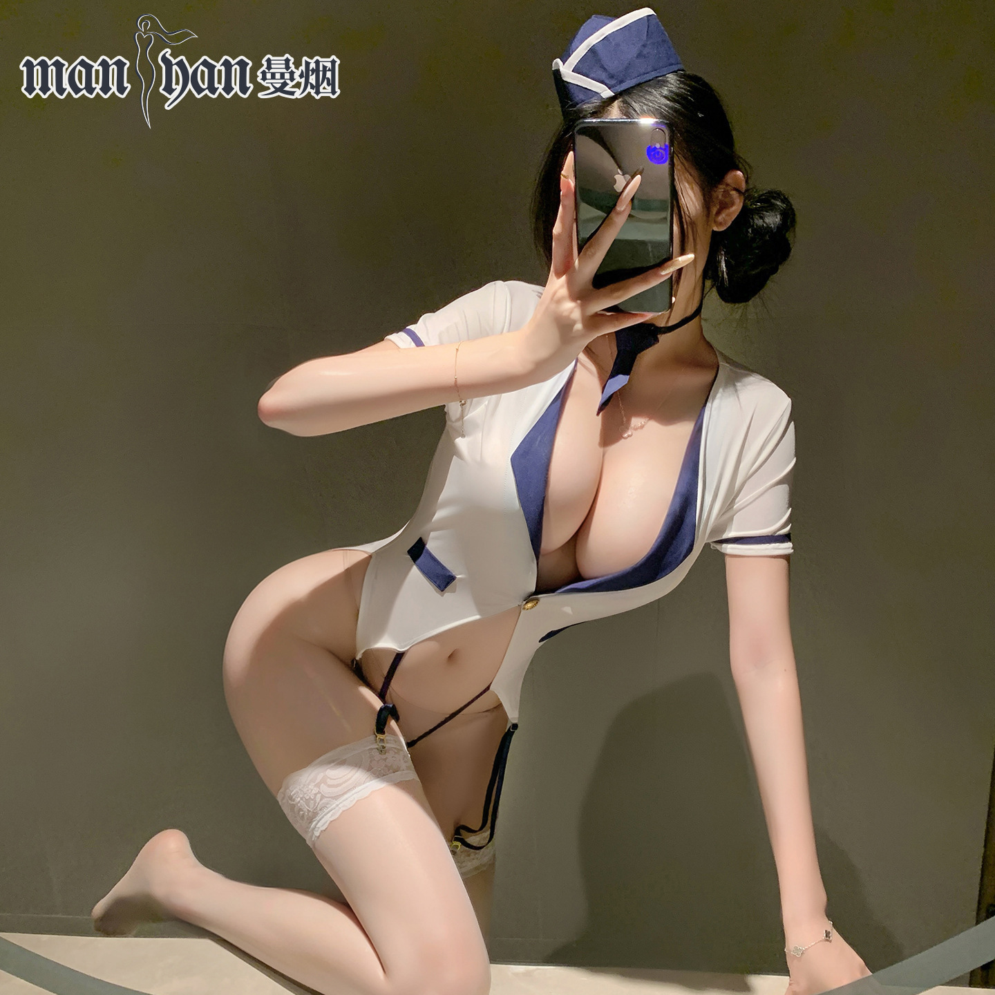 Manyan Pure Desire Stewardess Cos Uniform Sexy See-Through Jumpsuit Suit Role Play Sexy Underwear 100812