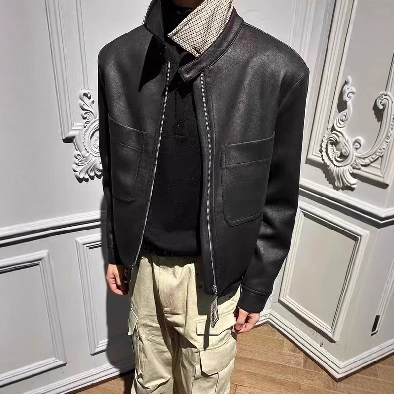 Designer Frost Crackle Houndstooth Lining Pu Leather Hunting Jacket Cleanfit Short Wide Jacket for Men