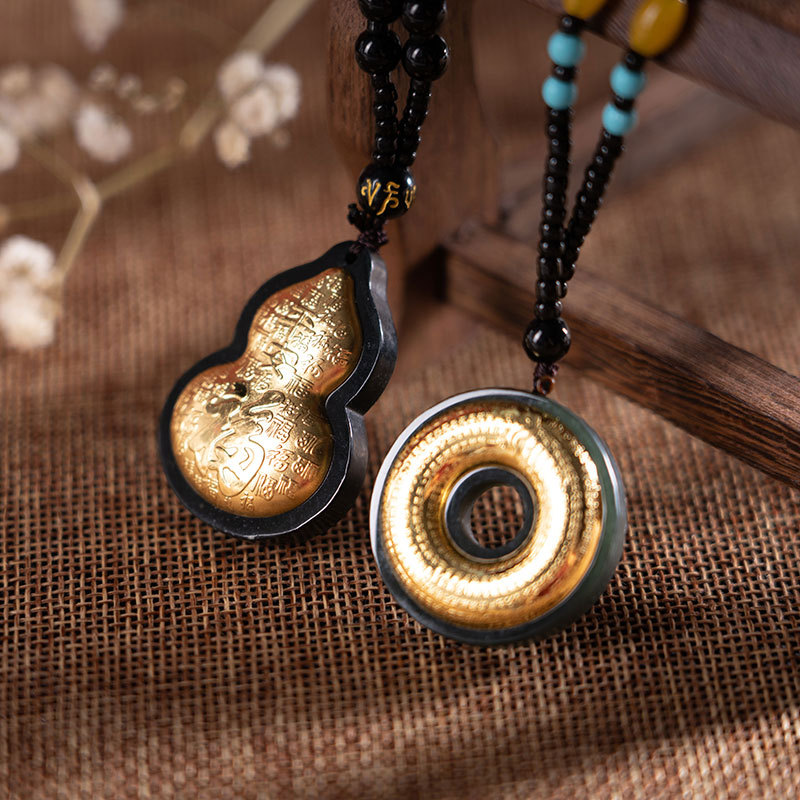 Gold-inlaid Jade Gourd Hetian Ink Jade Heart Sutra Ping'an Pendant, Hetian Jade Necklace and Jade Pendant Live Streaming Set Wholesale