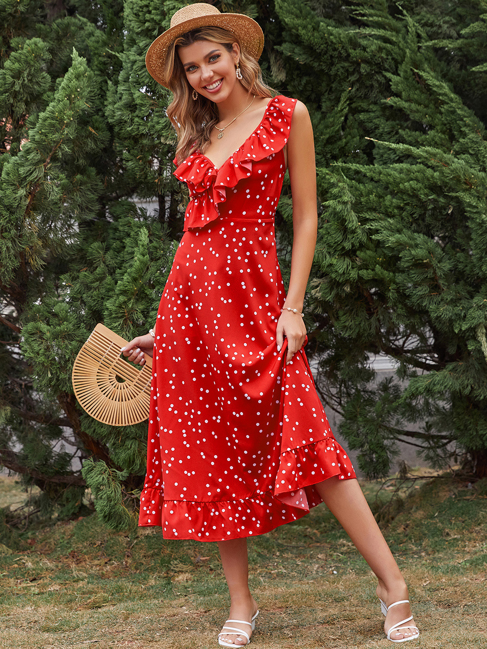 dot printed high waist red ruffled slim v-neck sleeveless dress NSDF51524