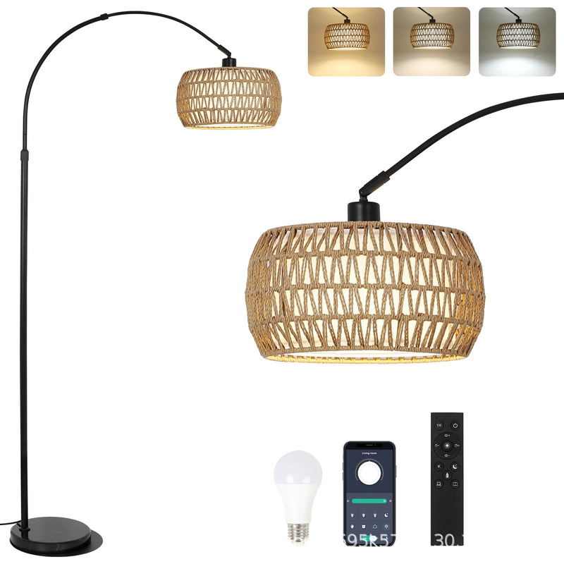 Living Room Three-Color Curved Floor Lamp with Remote Control Led Dimmable Hemp Rope Rattan Bohemian Bedroom Bedside Lamp