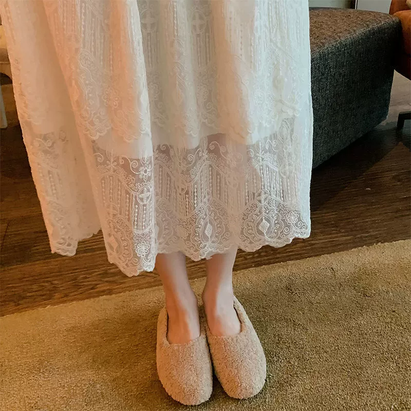Autumn white long skirt, lace long-sleeve, dress, city style, bright catchy style, french style
