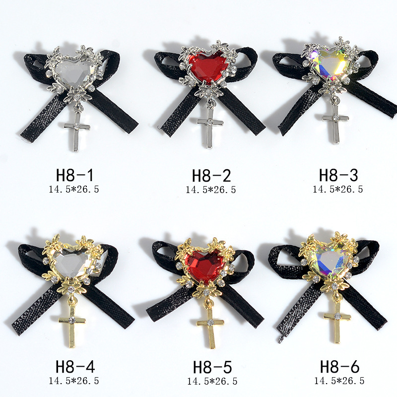 Internet celebrity new nail jewelry peach heart diamond lace bow alloy cross pendant luxury nail decoration wholesale