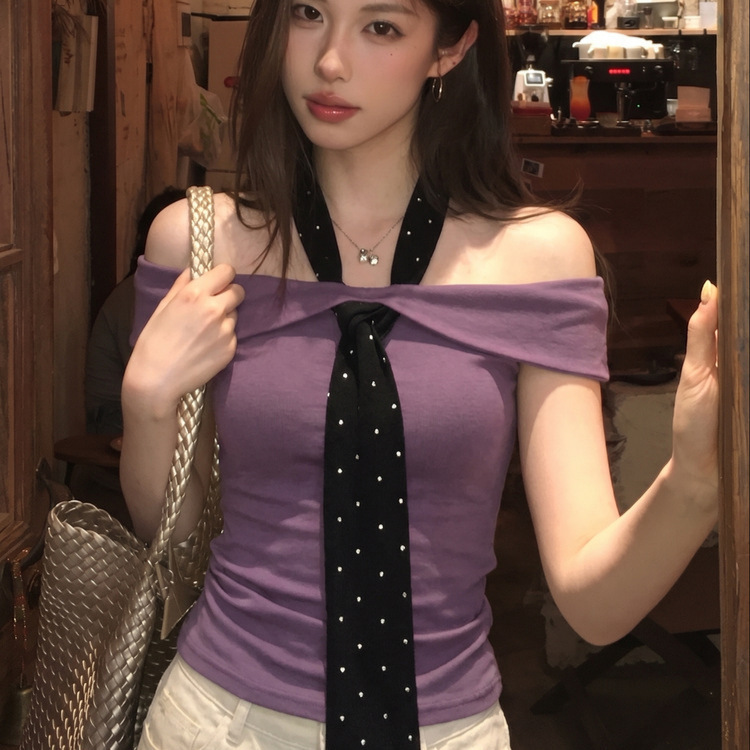 【Factory Direct Sale】Sweetheart Pure Desire Hot Girl Polka Dot Tie Off-Shoulder T-Shirt with Halter Neck Design and Ruched Slimming Top