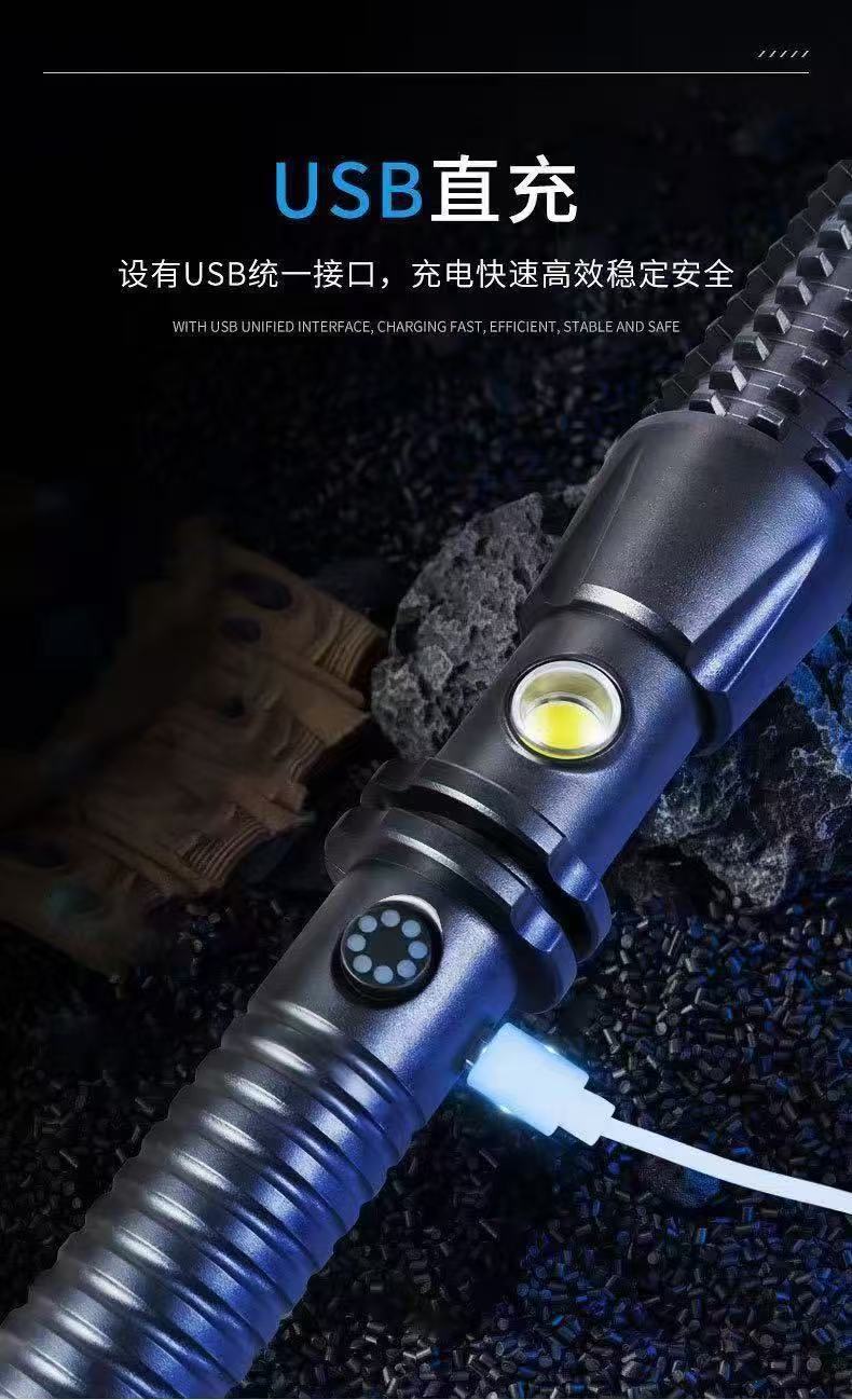 New Model Plastic Wolf Tooth Stick USB Rechargeable Outdoor Ultra-Bright Multifunctional Car-Mounted Retractable Strong Light Flashlight