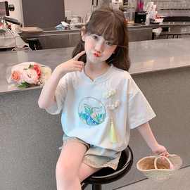 女童新中式夏季短袖t恤2024新款儿童半袖夏装小女孩洋气国风上衣
