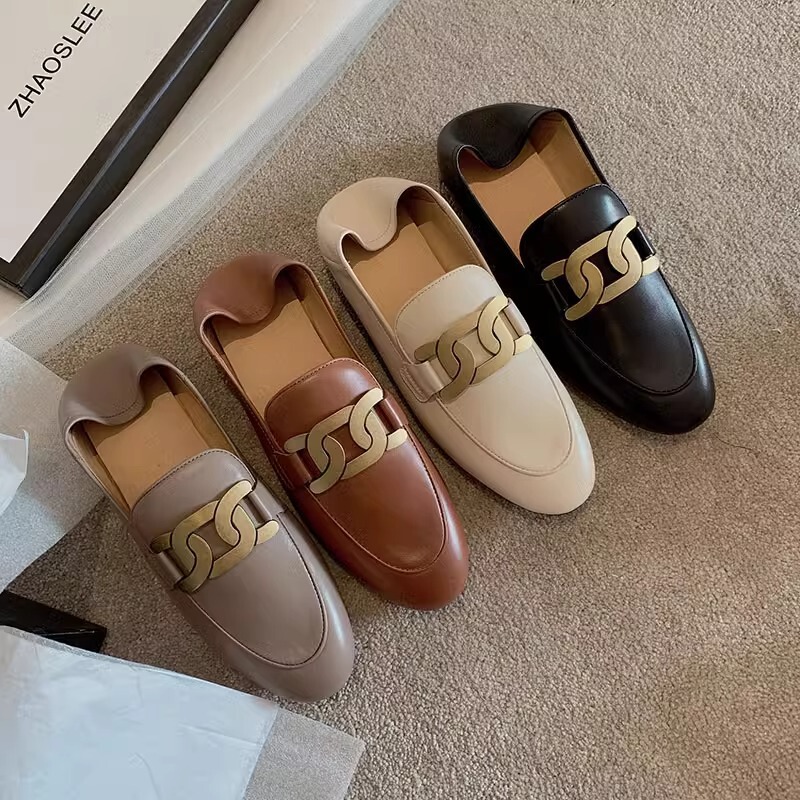 Sheii texture explosion ~ retro gold buckle leather pedal lazy loafers women's heel shoes