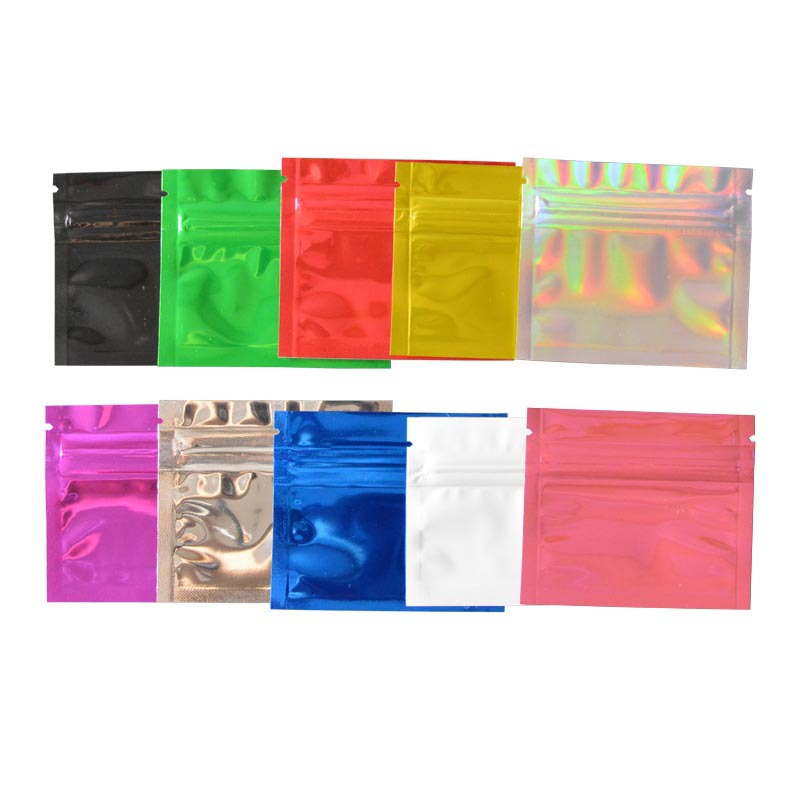 Tamaño pequeño colorido brillante bolsa de ziplock de aluminio bolsa de papel de aluminio decoración de prueba bolsa de hueso bolsa ciega 100 piezas Precio
