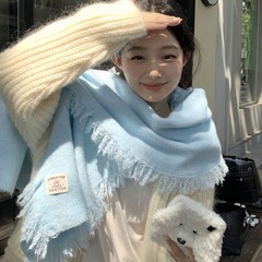 韩系氛围感baby蓝色针织围巾女2025新款秋冬学生百搭护颈保暖围脖