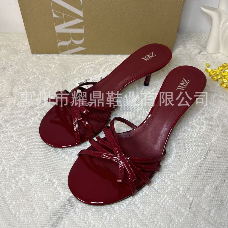 Za Exquisite Burgundy Bow Decorated Thin Strap High Heel Round Toe Open Toe Sandals Women's Patent Leather Elegant Stiletto Sandals