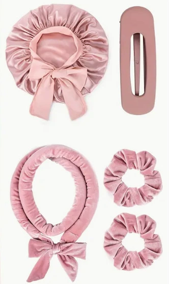 Fuchsia curly shower cap, set, bag, 5 pieces