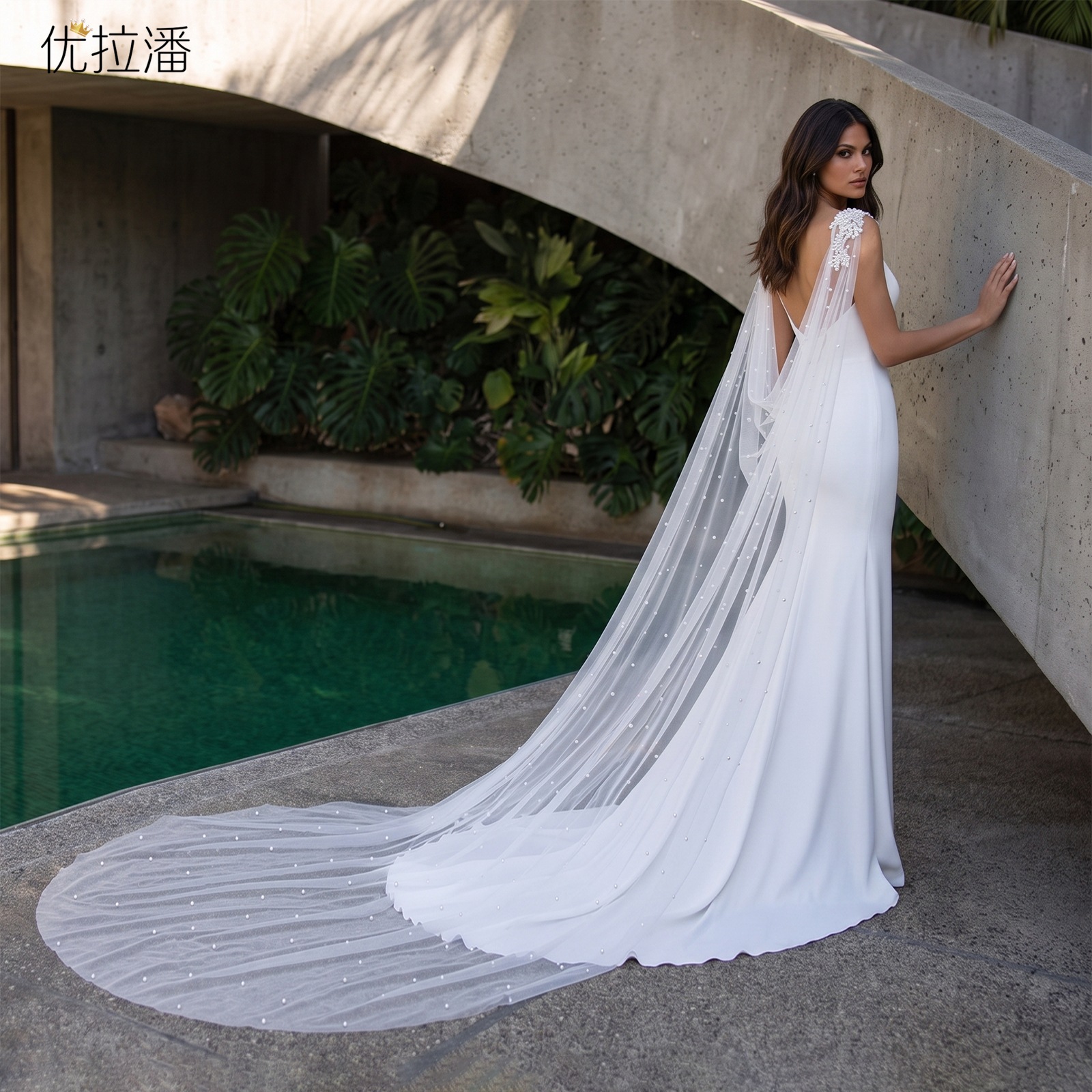 Yolapan VG146 Heavy-Duty Pearl Appliqué Train Mesh Shawl Bridal Wedding Dress Detachable Shoulder Veil Accessory