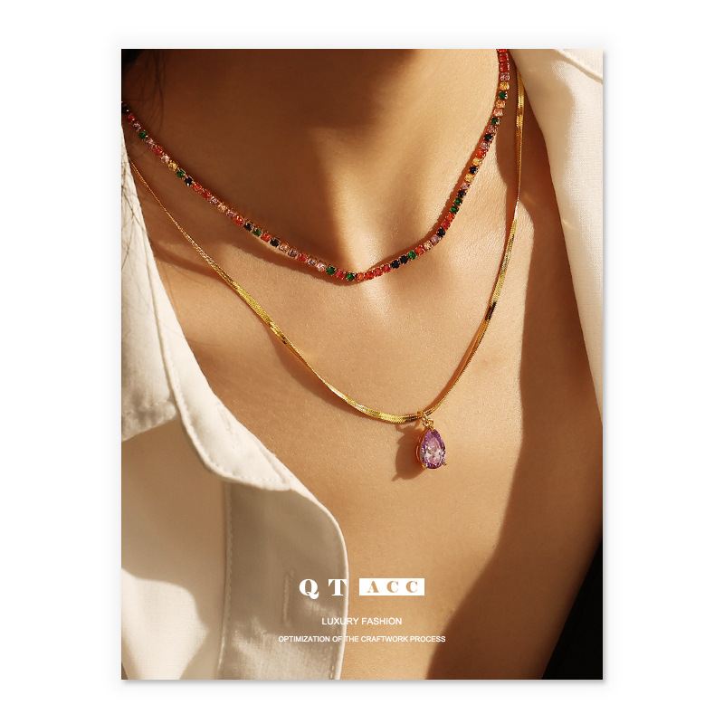 Latón chapado 18K oro real europeo y americano retro ins estilo púrpura en forma de gota colgante de circón collar de hueso de serpiente para las mujeres image 2