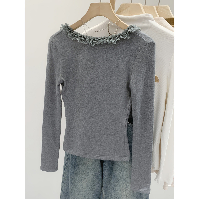 Brand Discount Korean-Style Waist-Cinching Flannel Lace V-Neck Long-Sleeve T-Shirt for Women, Summer 2026 New Style, Super Stylish Short Top