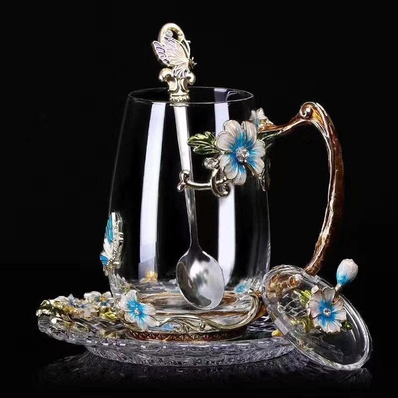 花茶杯礼咖啡杯早餐牛奶批发会销珐琅彩女圆形家用玻璃水杯果汁杯|undefined