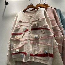 秋冬女装新款森女系立体花朵单排扣宽松厚实长袖毛衣开衫外套女