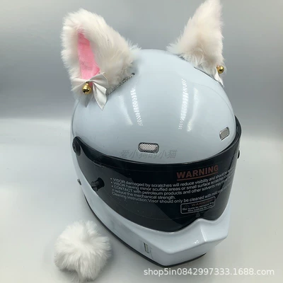 Personalized Helmet Decoration with Cat Motosiklet dəbilqələri - deluxe-version-with-white-pink-bells-and-tail