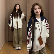 条纹美式复古撞色拉链外套女春秋薄款宽松慵懒风棒球服开衫卫衣潮