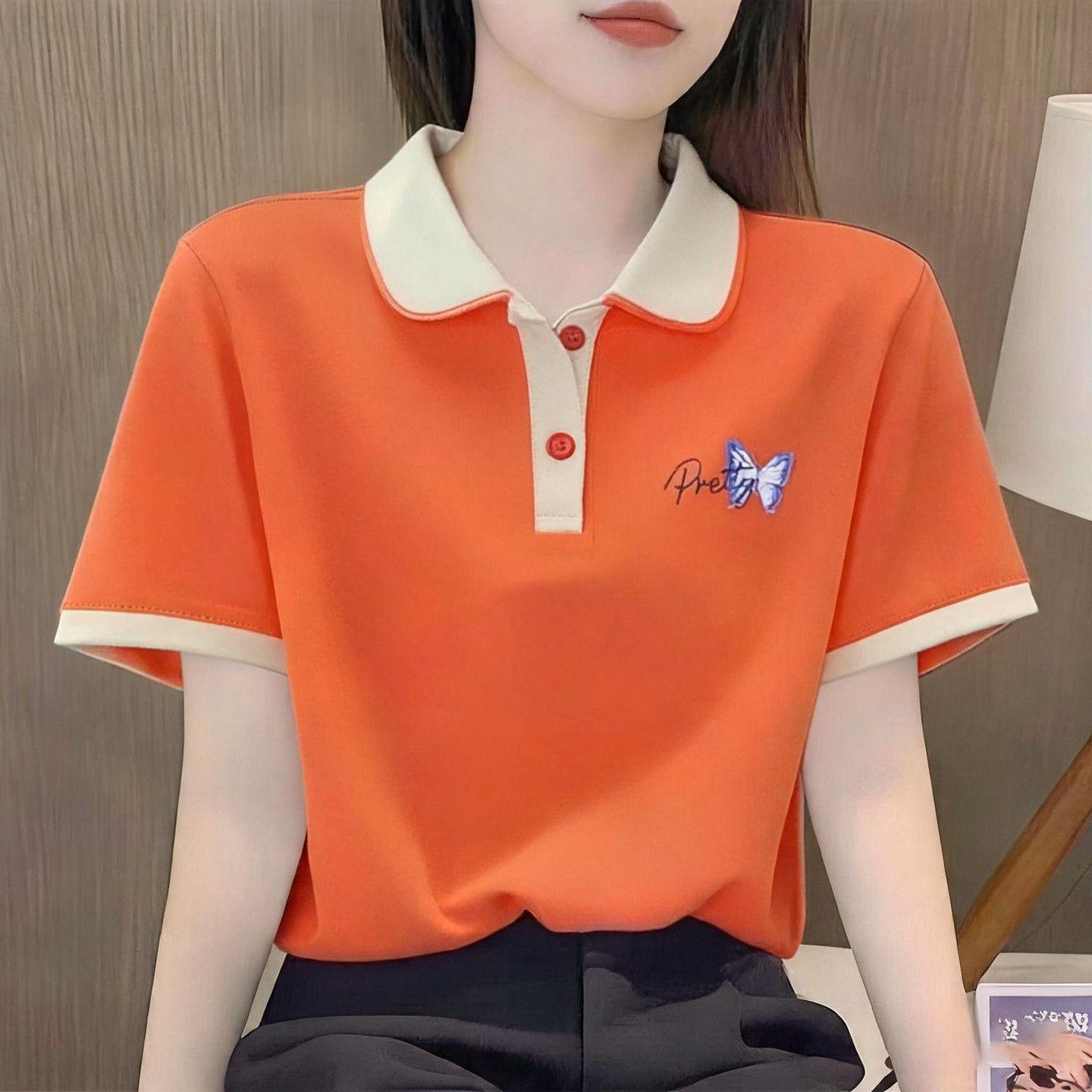 Stylish and versatile lapel short-sleeved summer T-shirt, suitable for middle-aged mothers, loose fit, slimming and fashionable top.