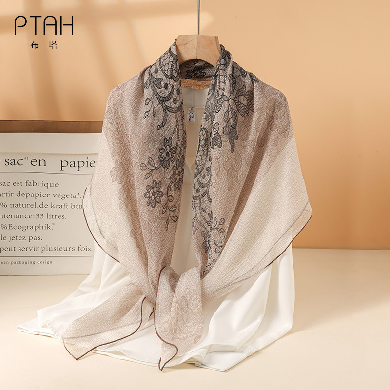 Buta Spring and Summer Mulberry Silk Pearl Yarn Silk Scarf for Women, Vintage Lazy French-Style Printed Silk Square Scarf Shawl K695