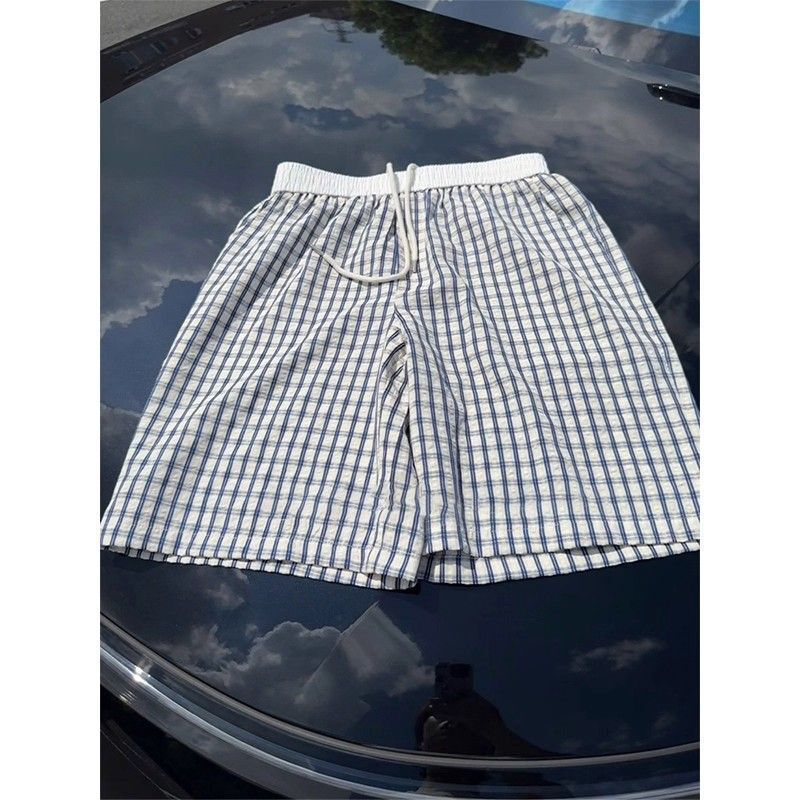 Blue Seersucker Plaid Shorts Men's Summer American Retro Nylon Ice Silk Beach Pants Loose Straight Five-Point Pants