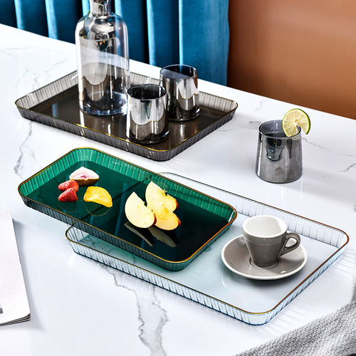 Nordic light luxury tea tray home tea cup water cup living room coffee table transparent gold edge tray rectangular dinner plate