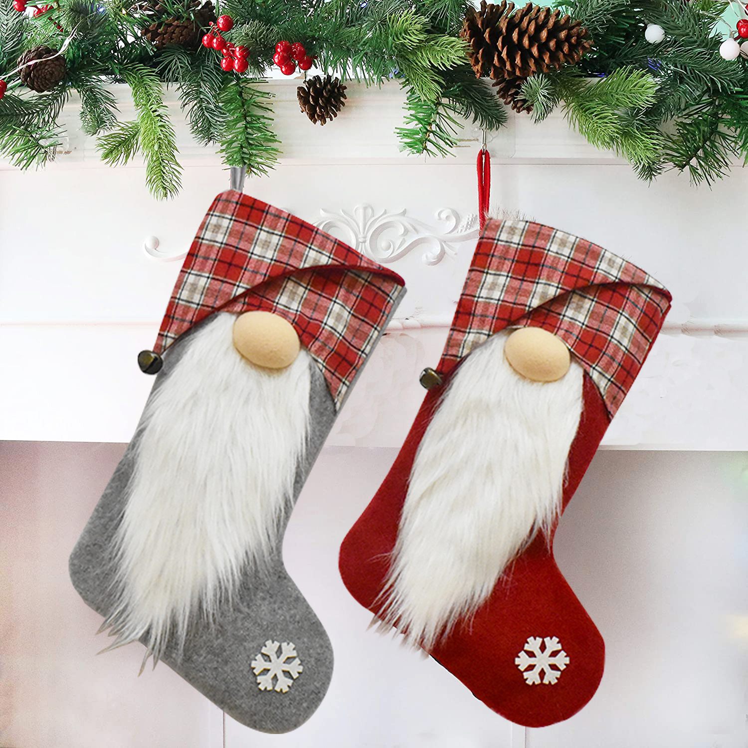 Christmas Stocking Plaid Red And Grey Christmas Decoration Gift_voghion.com