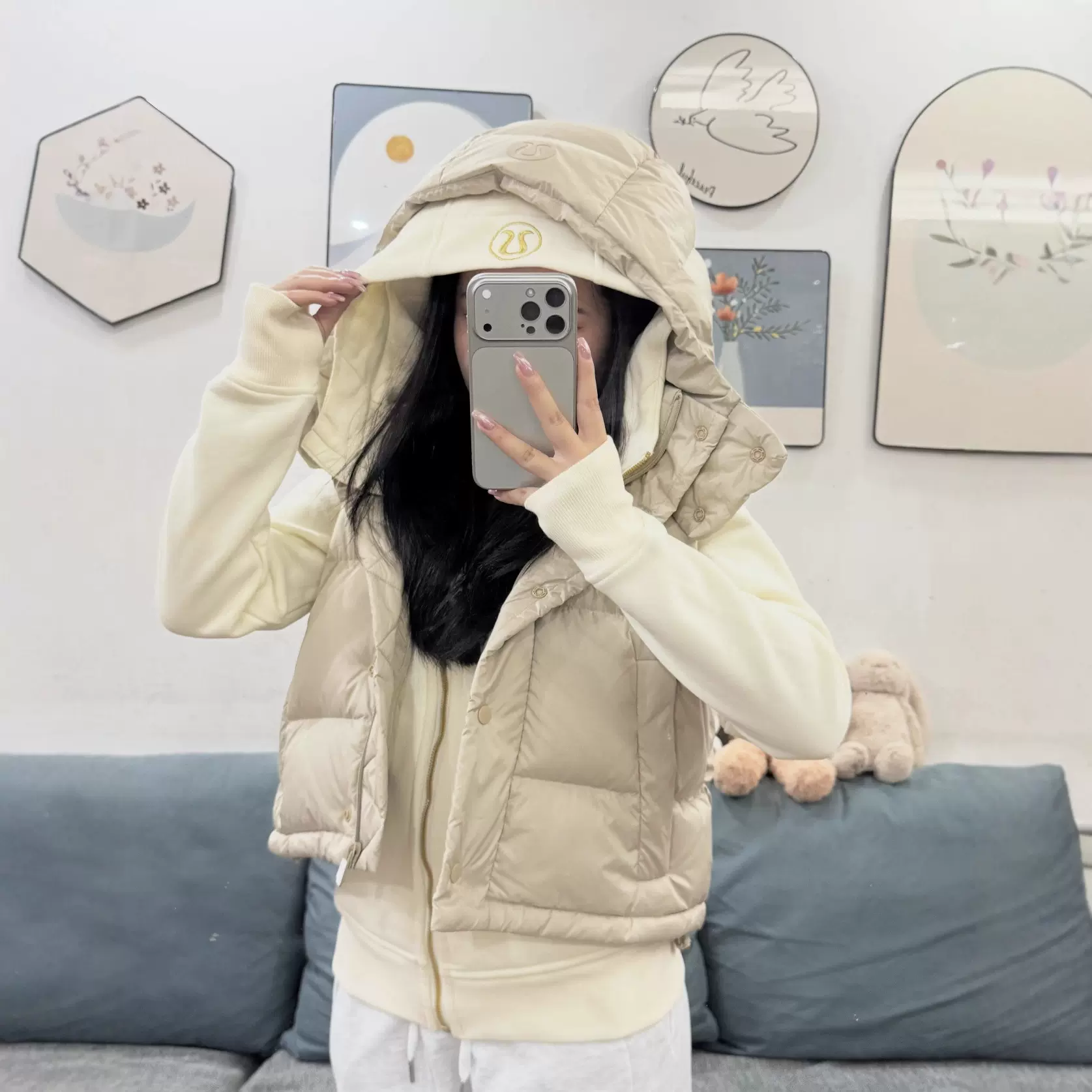 南油高版露露马甲羽绒服lulu同款泡芙四格无袖短款背心连帽坎肩女