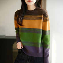 2025年秋冬新款亲肤圆领针织衫长袖女拼色宽松百搭套头打底衫上衣