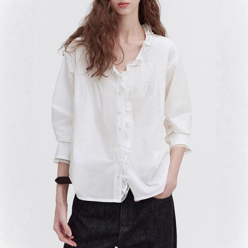 Wild Strawberry' Romantic Ruffled Embroidered Lace Deep V-Neck Gentle 100% Cotton Shirt for Women