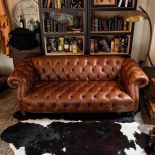 American-Style Genuine Leather Button Sofa, French Retro Light Luxury Oil Wax Leather Sofa, Small Apartment Living Room Distressed Straight Sofa