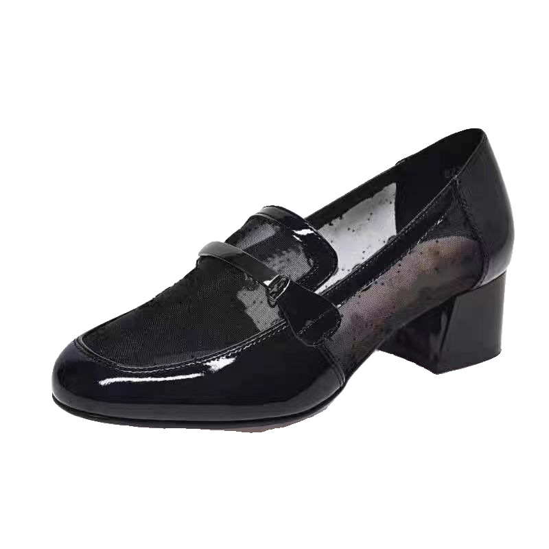 Sandal nữ da thật mũi tròn lưới thoáng khí gót thấp 5 cm — Màu đen cao gót 5 cm