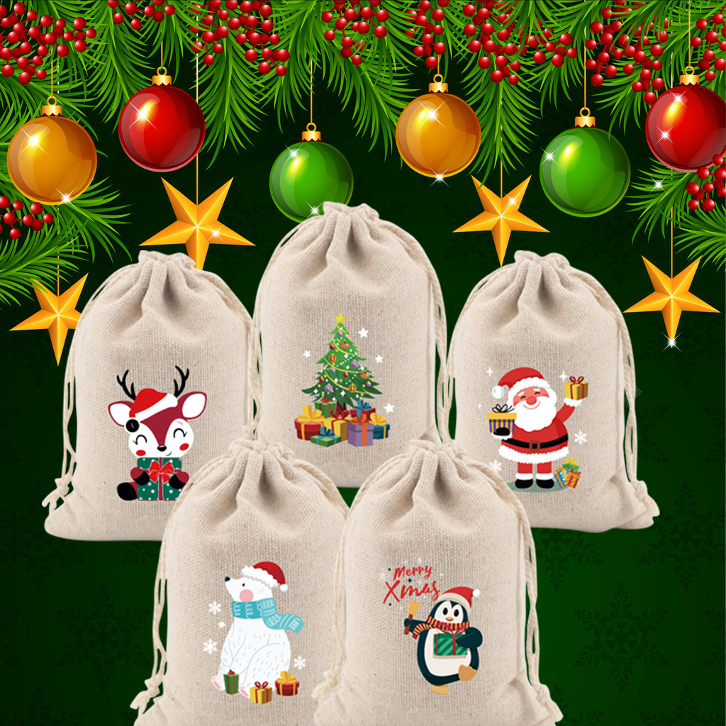 跨境热卖圣诞款棉布束口袋精美礼品抽绳袋平安果小零食点心收纳袋