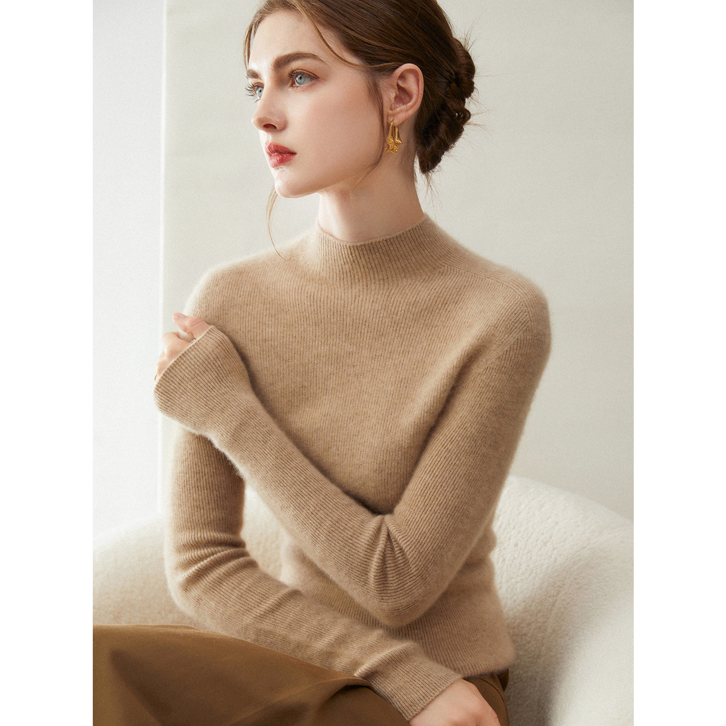 100%纯山羊绒女士一线成衣抽条半高领修身显瘦羊绒衫时尚简约打底