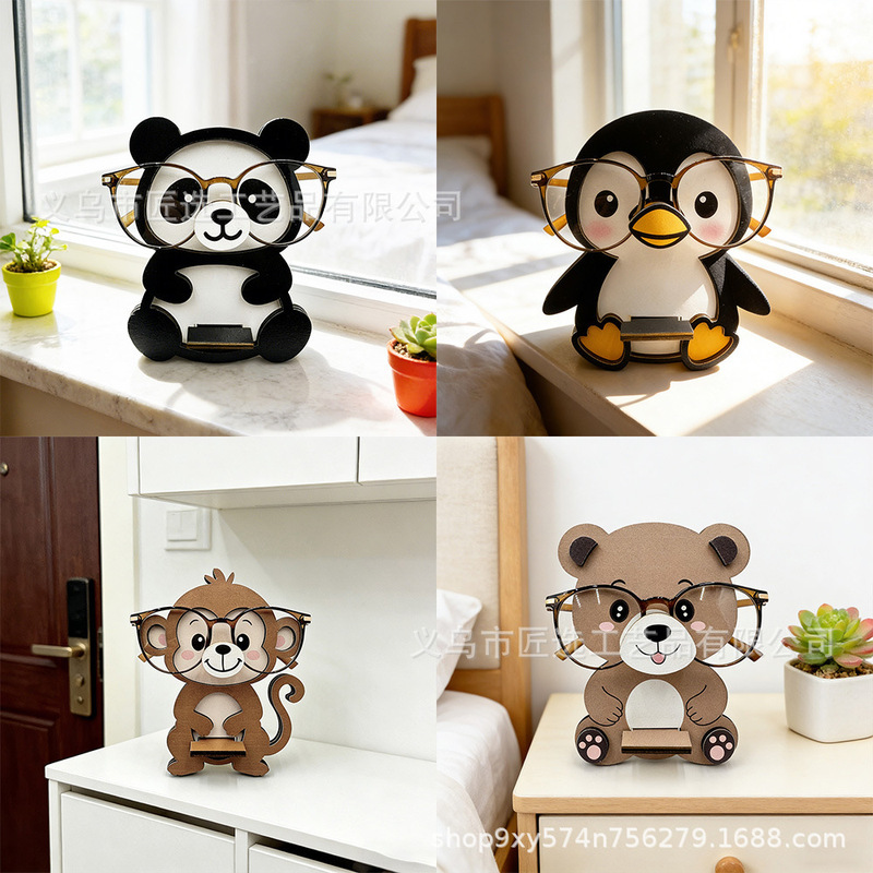 Cartoon Penguin Wooden Glasses Stand Creative Desktop Ornament Glasses Storage Display Stand Cute Office Decoration Ornament