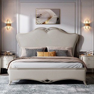 Light Luxury Solid Wooden Bed American-style European-style Double Master Bedroom Internet-famous Modern Simple High-end Italian-style Leather Wedding Bed