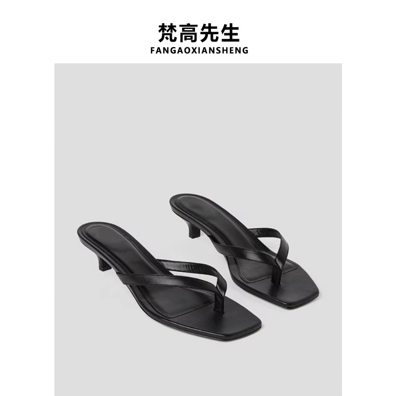 양가죽 버전 ~ 프렌치 스퀘어 토 플립플롭 키튼 힐 여성 2025 하이힐 플립플롭 샌들 아우터용 비치 슬리퍼